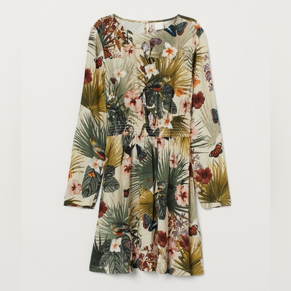 H&M Tropical Paradise Long Sleeve Mini Dress - Size 12 🌺 NWOT - Picture 2 of 2